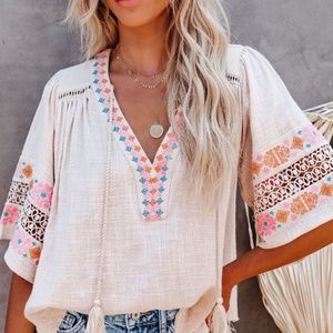 Beige Embroidered and Tasseled Blouse